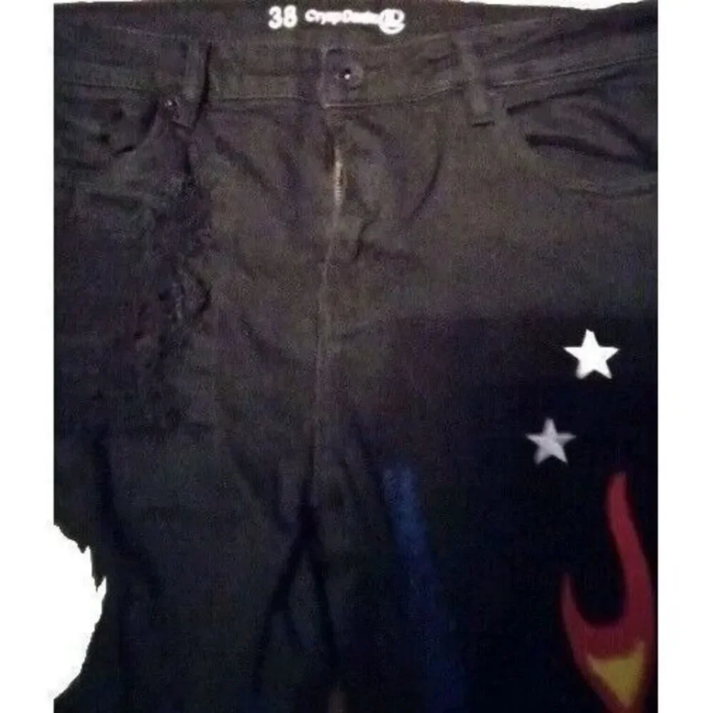 Cynicism Jeans Black Denim Distressed Graphic Print Stars Flames Size 38‎
